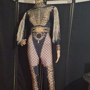 Black and Gold Beaded Bodysuit with Fringe